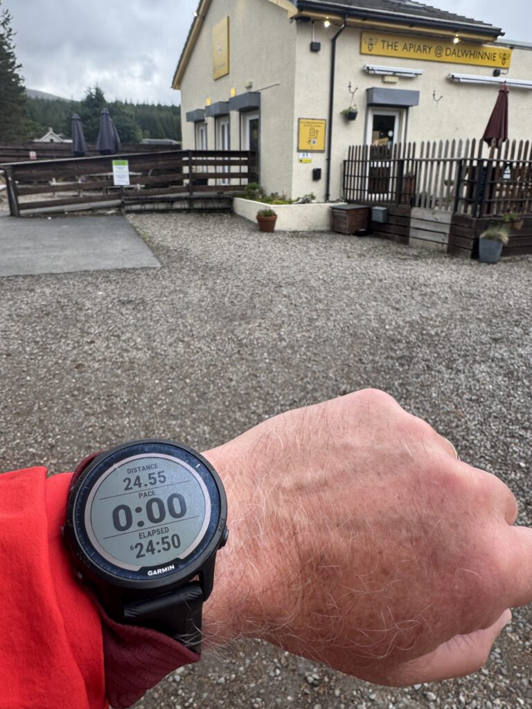 Mike's watch, showing 24.55 miles, and 6:24:50 duration.