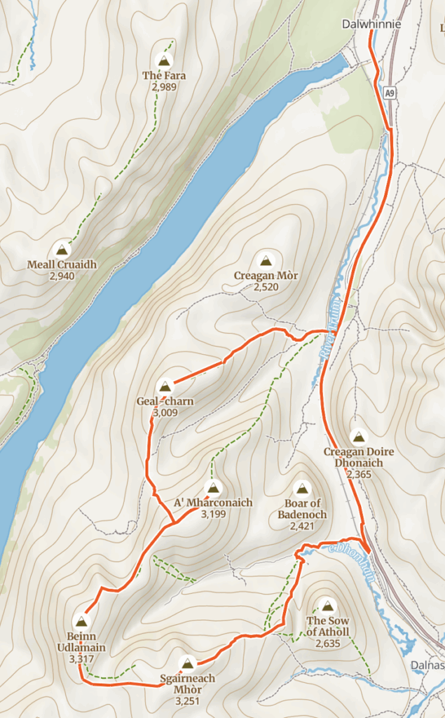 Map with route between mountains drawn with a red line.